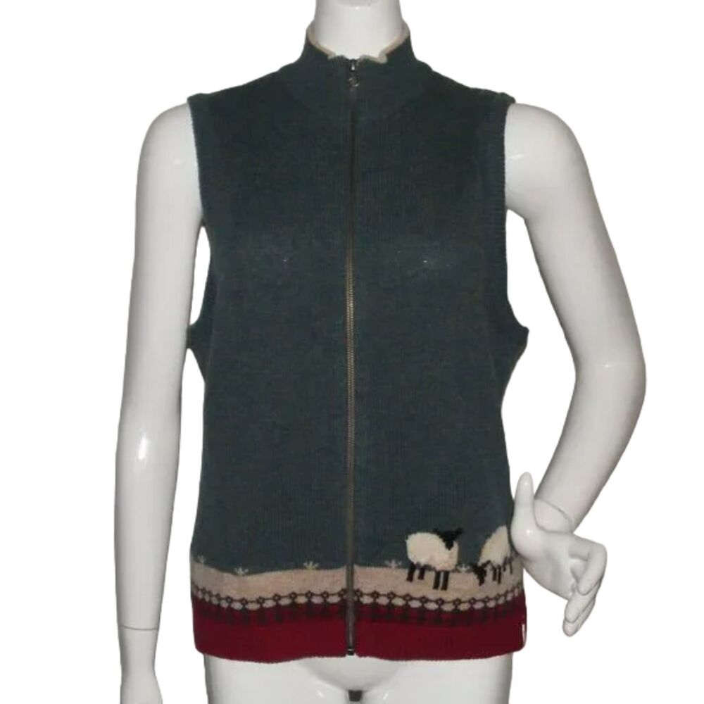 WOOLRICH Sweater Vest, M, Sheep/Fence, Full Zipper, Lambswool